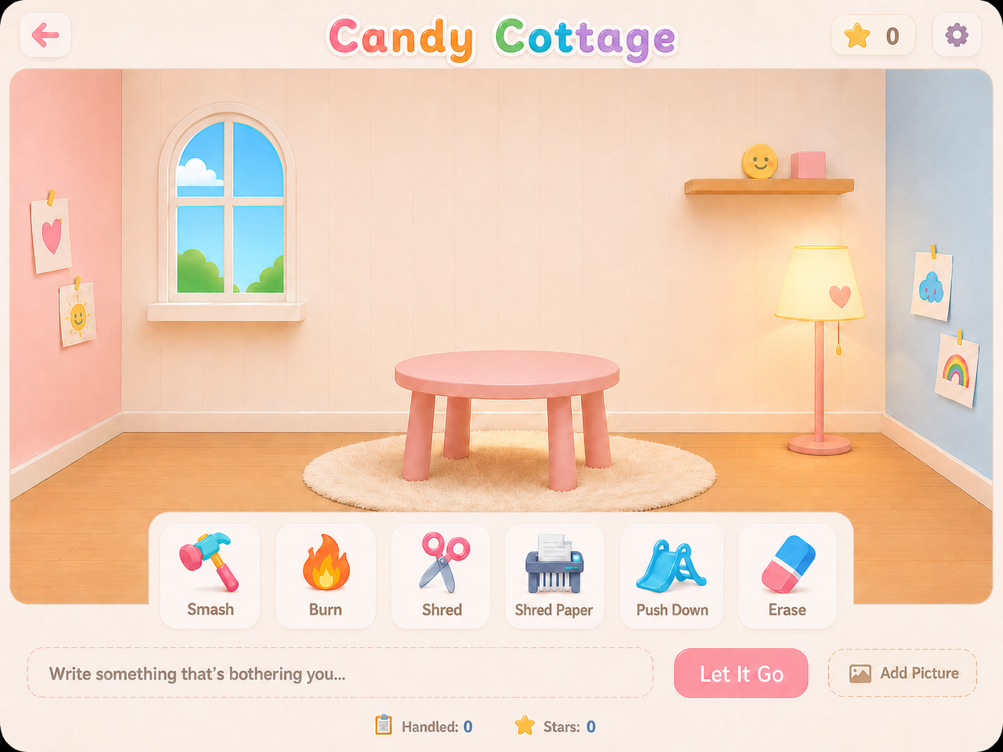 Candy Cottage's English interface with six playful ways to let go of a thought