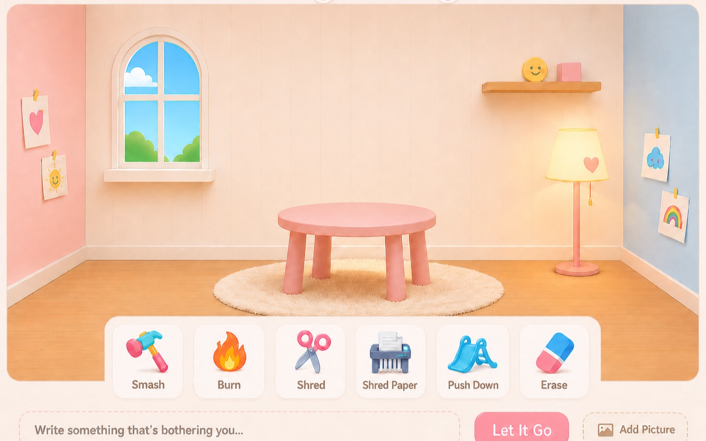 Candy Cottage's soft pink room with playful tools for letting go of a bad thought