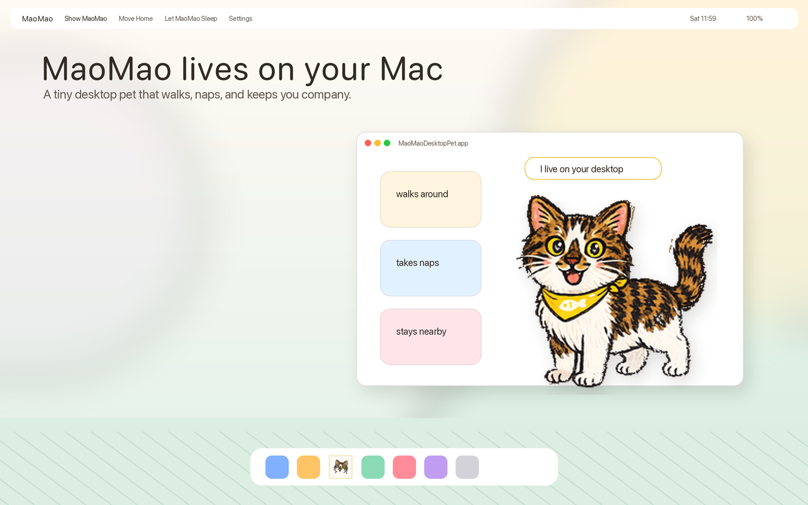 MaoMao Desktop Pet walking, napping, and staying nearby on a Mac desktop